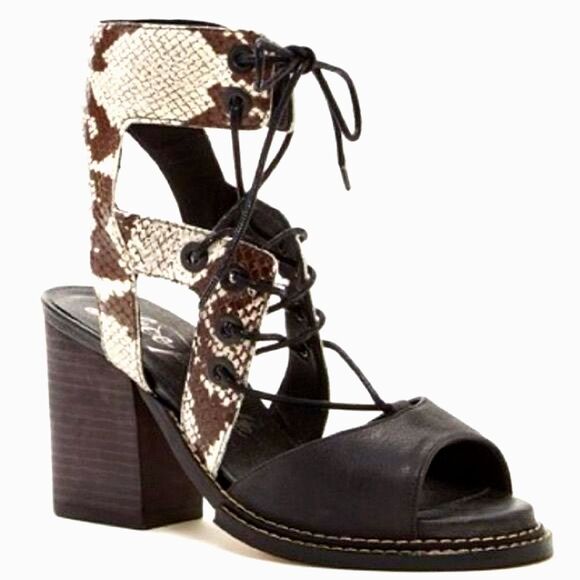Free People Snake Print Lennon Leather Sandal Block Heel Lace Up Cutout 39 - Picture 1 of 8